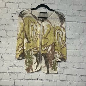 NIC+ZOE Floral Abstract Open Cardigan in Green, Cream, Brown